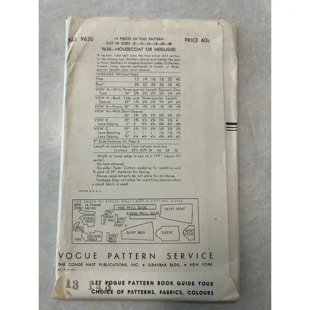 Vintage 30's-40's Vogue Pattern #9630 Housecoat Negligee Size 16‎ HTF